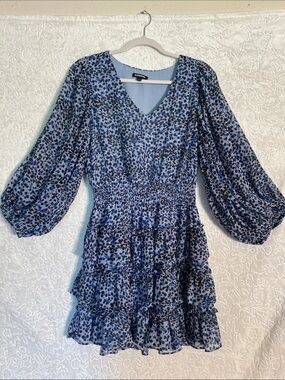 Express Blue and Black Printed Long Sleeve Tiered Dress